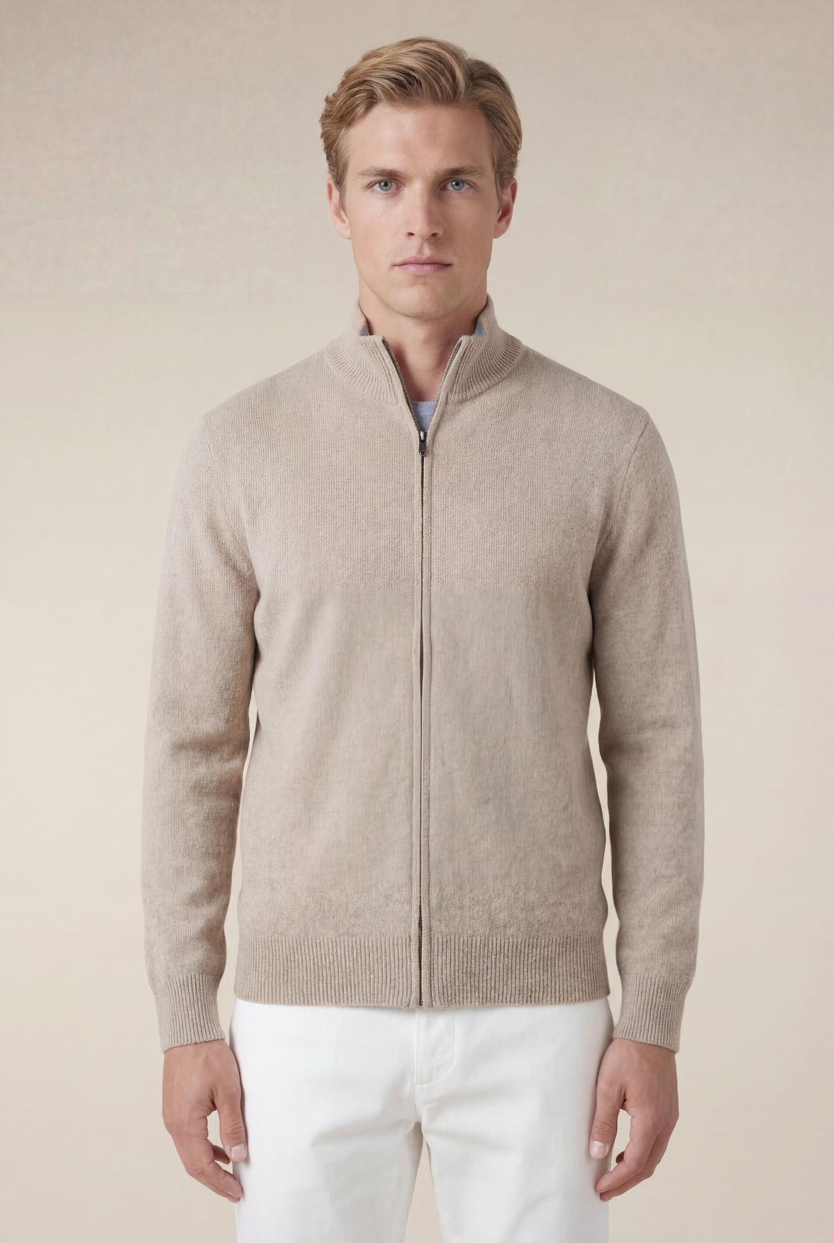 Sorrento Cashmere Full-Zip Knit Beige