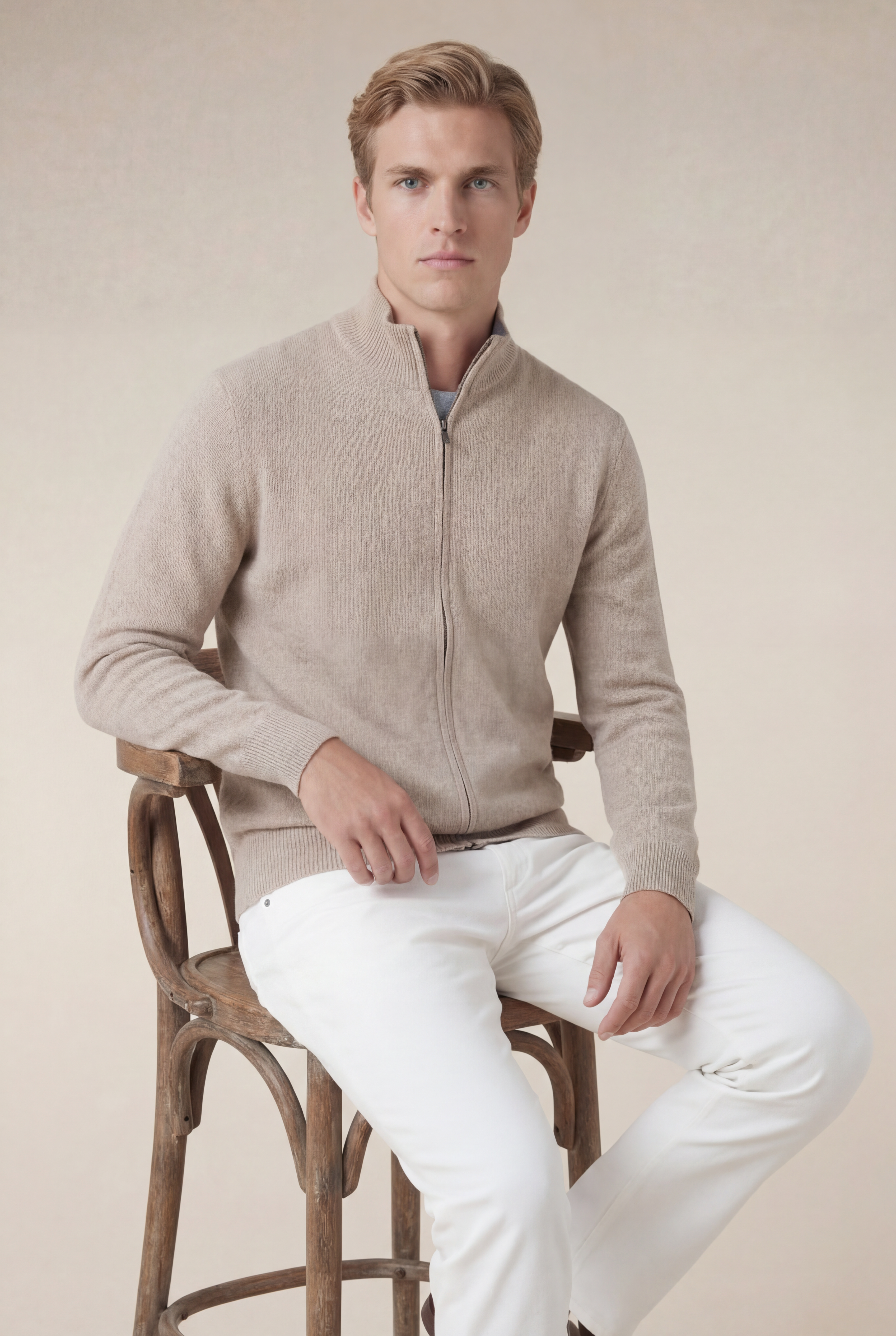 Sorrento Cashmere Full-Zip Knit Beige